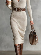 Willow - Women's Ribbed V-Neck Midi Dress with Belt