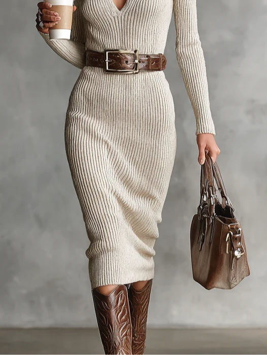 Willow - Women's Ribbed V-Neck Midi Dress with Belt
