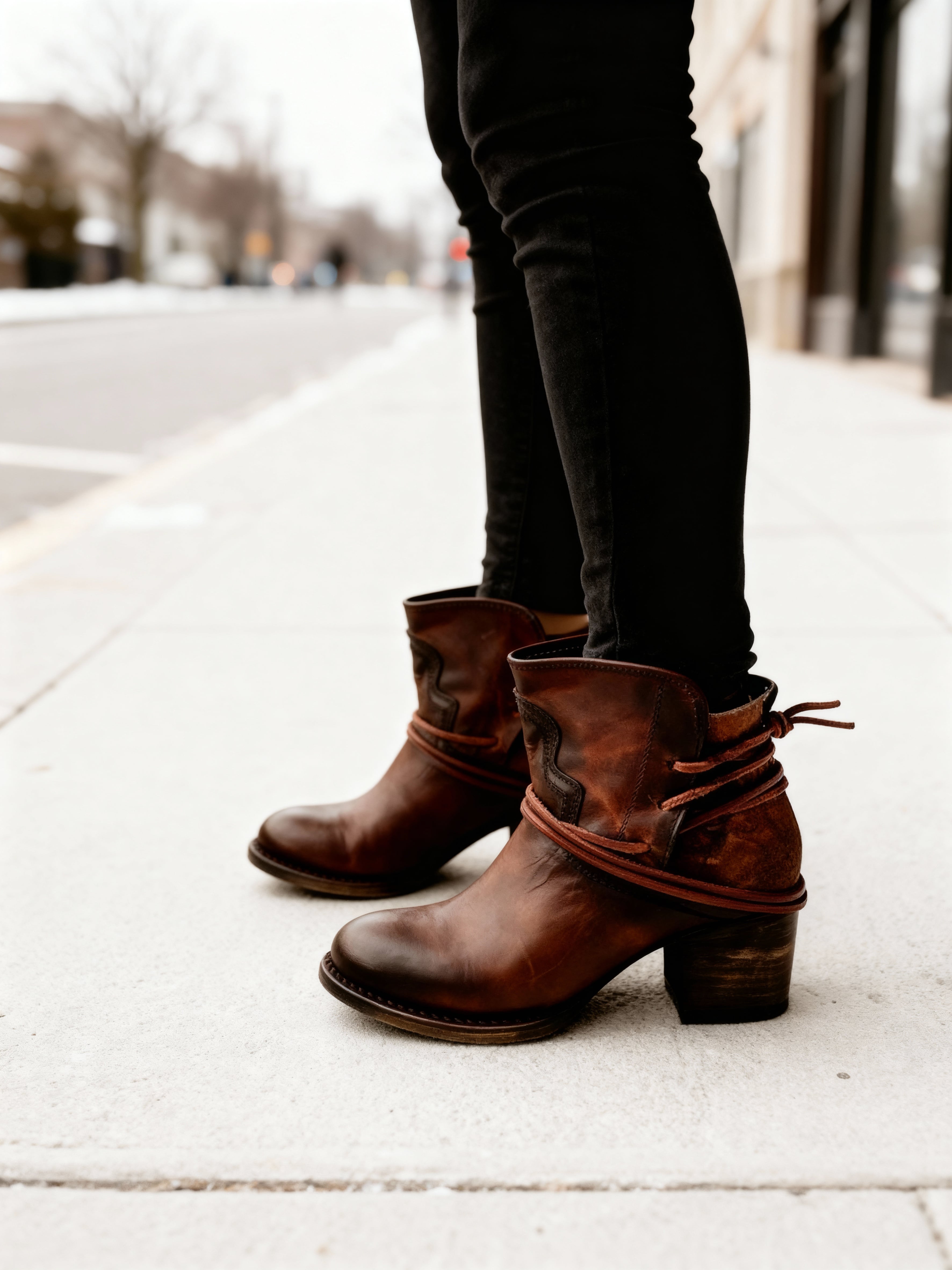 Winifred - Women's Leather Ankle Boots with Drawstring Tie Detail