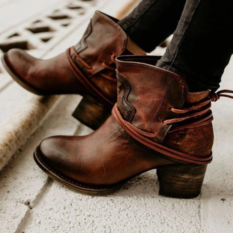 Winifred - Women's Leather Ankle Boots with Drawstring Tie Detail