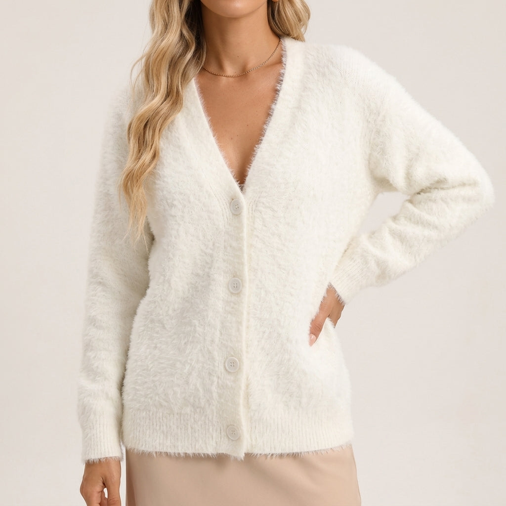 Yasmin - Women's Button-Front Fuzzy Cardigan