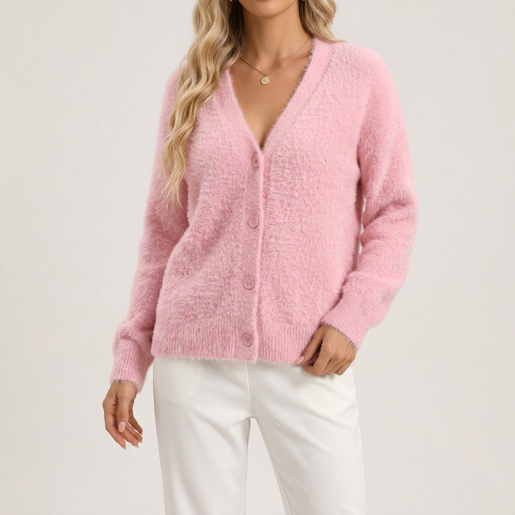 Yasmin - Women's Button-Front Fuzzy Cardigan