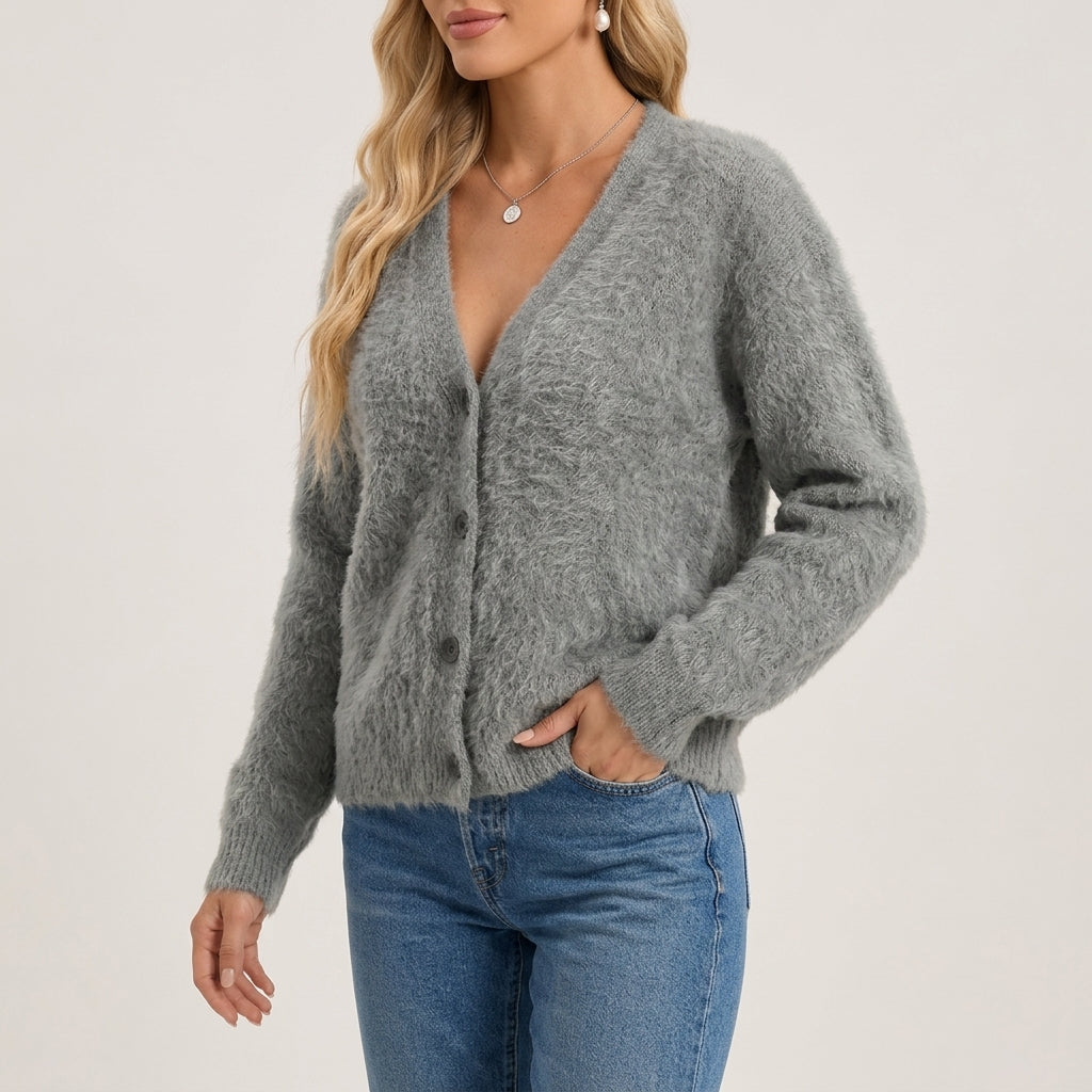 Yasmin - Women's Button-Front Fuzzy Cardigan