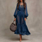 Yolanda - Women's Square Neck Puff Sleeve Resort Maxi Dress 1