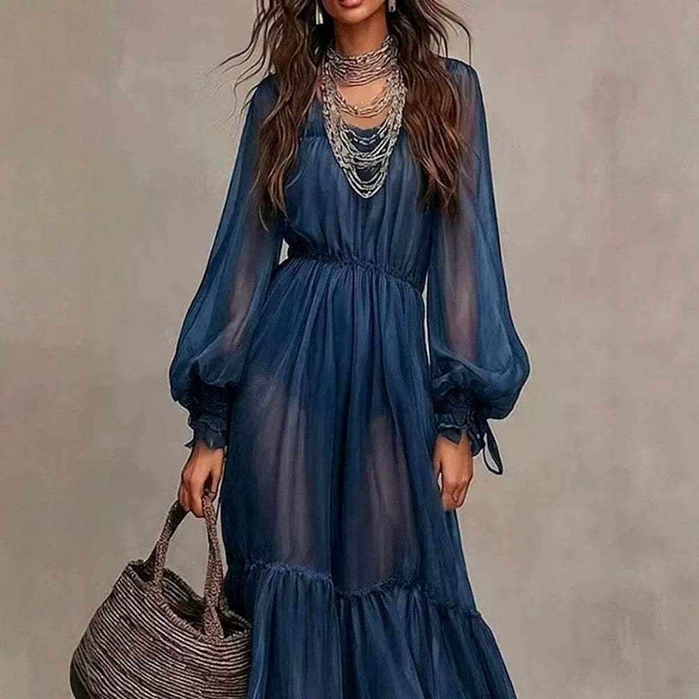 Yolanda - Women's Square Neck Puff Sleeve Resort Maxi Dress 3
