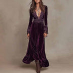 Yveth - Women's Velvet Lace Trim Long Sleeve Dress 1