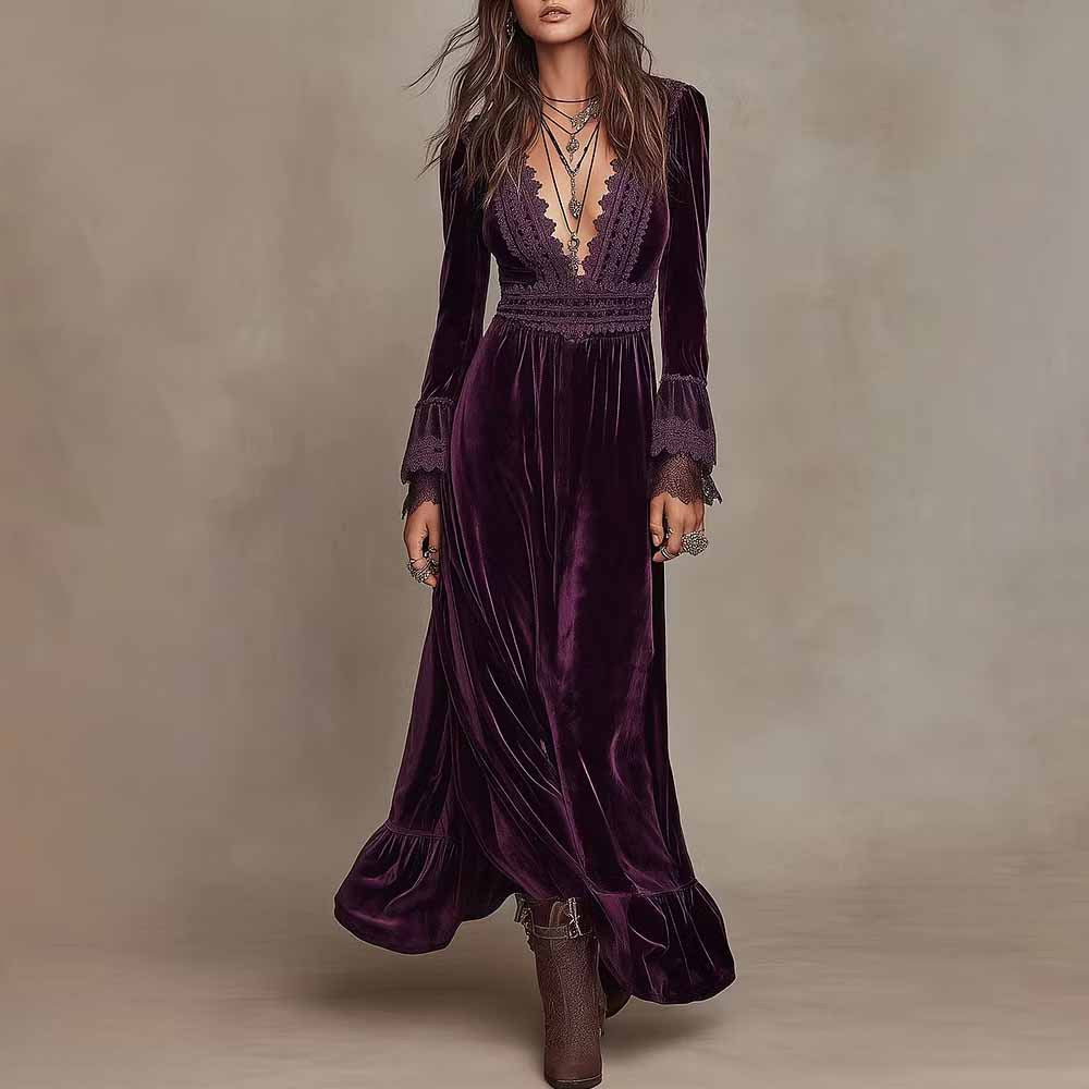 Yveth - Women's Velvet Lace Trim Long Sleeve Dress 1